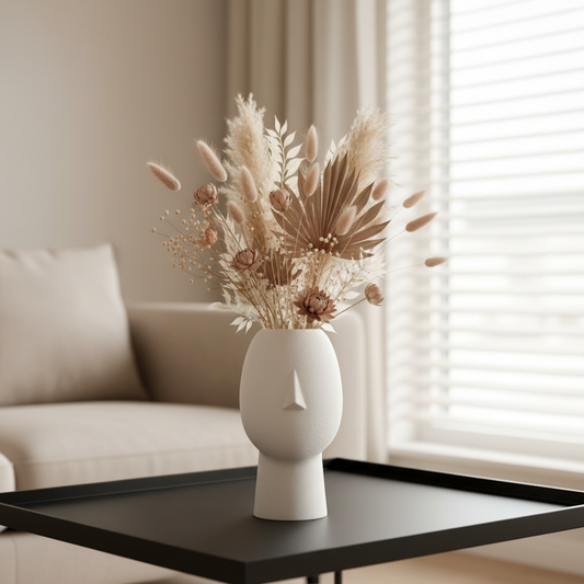 Elvienne 3D geprinte decoratieve vaas met abstract gezichtsdesign, subtiele neusvorm en matte structuur, geschikt voor droogbloemen of als sculpturale woondecoratie.