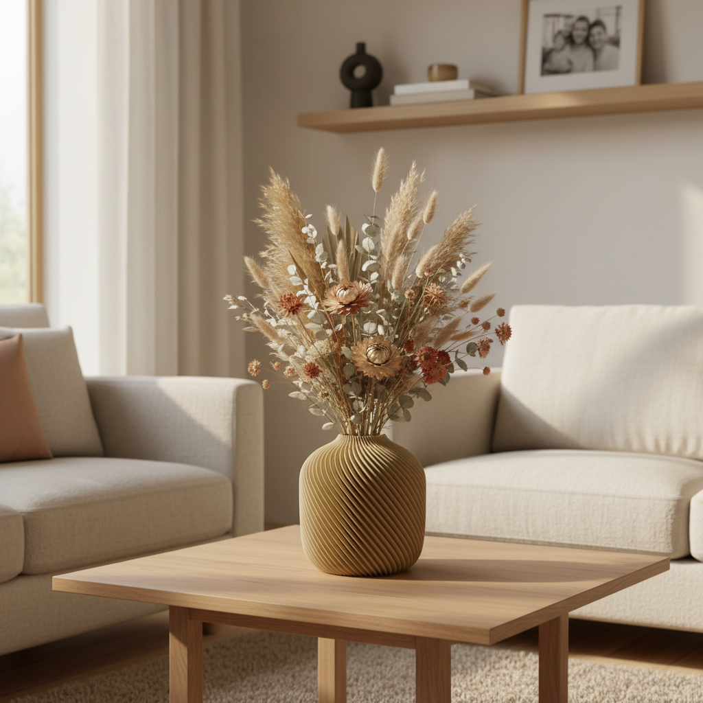 Aveline decoratieve vaas met afgeronde vorm en gedraaide ribbelstructuur, geschikt voor bloemen, droogbloemen of als stijlvolle woondecoratie.