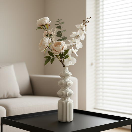 Selienne 3D geprinte decoratieve vaas met gestapelde ronde vormen en verticale ribbelstructuur, geschikt voor bloemen, droogbloemen of als woondecoratie.