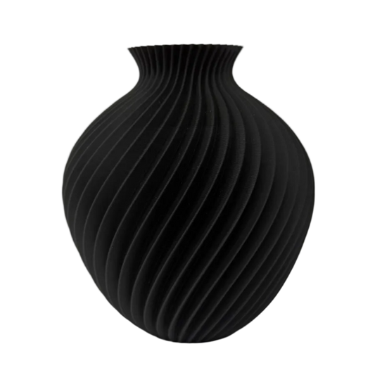 Sorella 3D geprinte zwarte designvaas met gedraaide ribstructuur, geschikt voor bloemen of als stijlvol decoratief woonaccessoire.