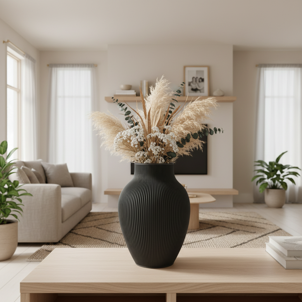Valenne decoratieve vaas met afgeronde vorm en fijne verticale ribbelstructuur, geschikt voor bloemen, droogbloemen of als woondecoratie.