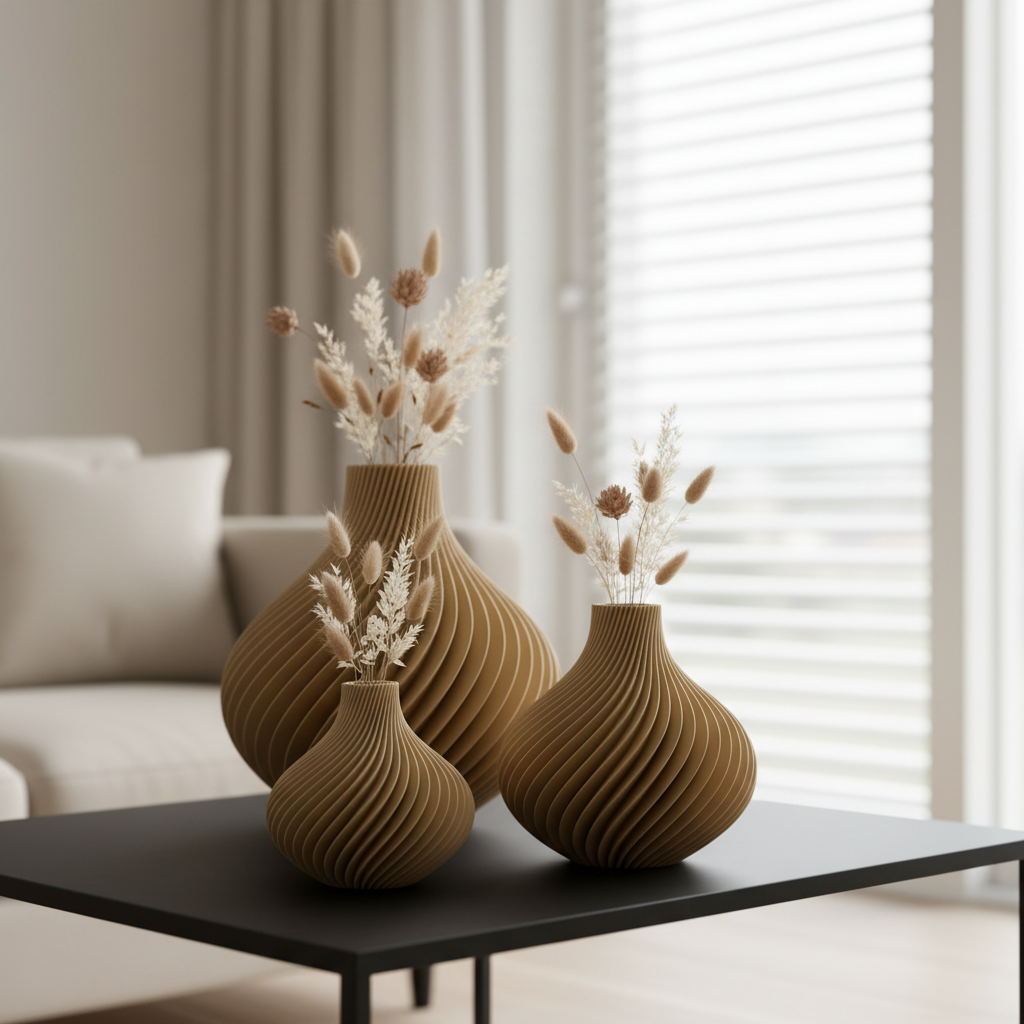 Solenne 3D geprinte decoratieve set van drie vazen met gedraaide ribbelstructuur, geschikt voor bloemen, droogbloemen of als stijlvolle woondecoratie.