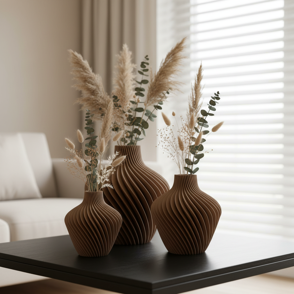 Varenne 3D geprinte decoratieve set va drie vazen met golvende ribbelstructuur, geschikt voor bloemen, droogbloemen of als stijlvolle woondecoratie.