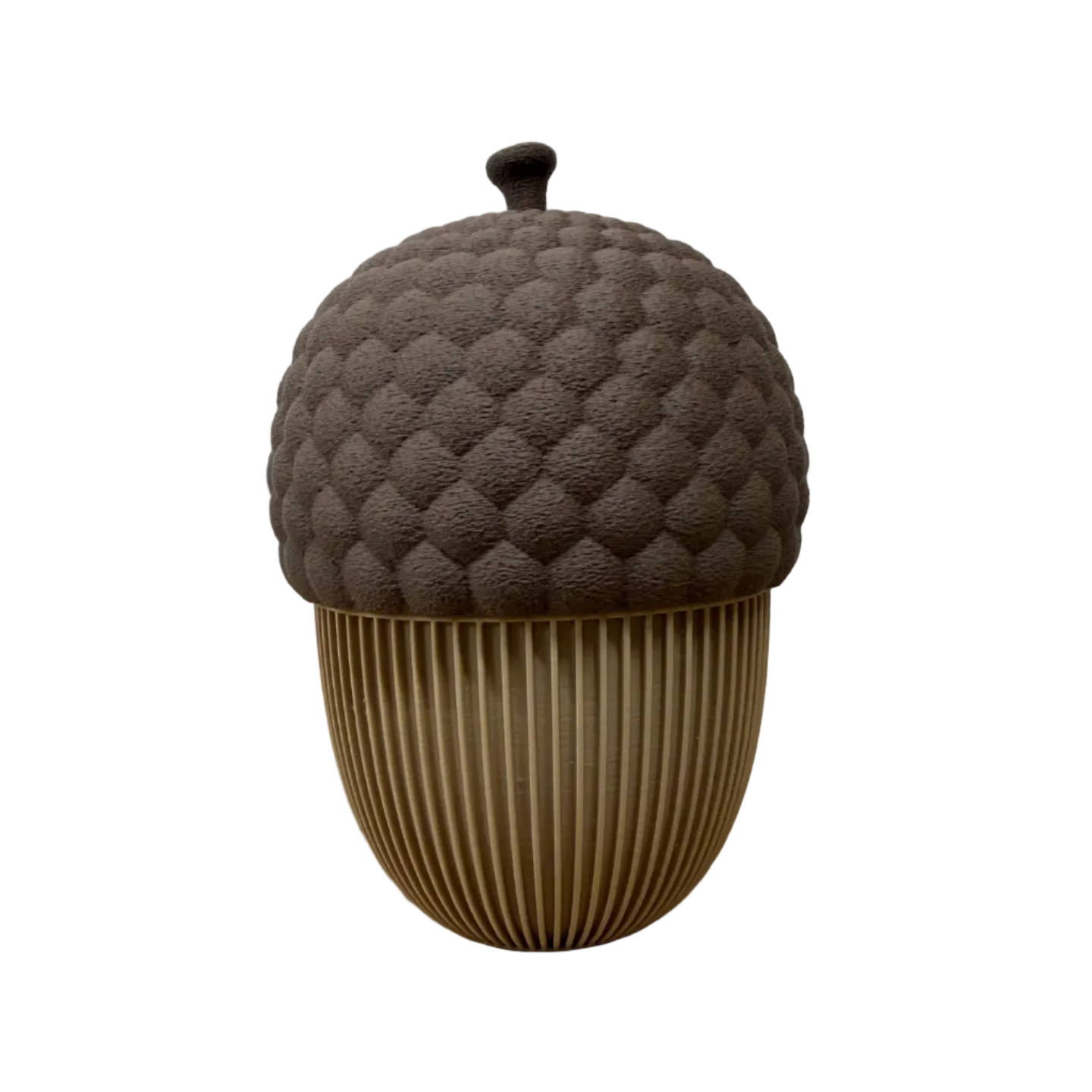 Set van twee 3D-geprinte decoratieve eikelpotjes met deksel in bruin en beige, in groot en klein formaat.