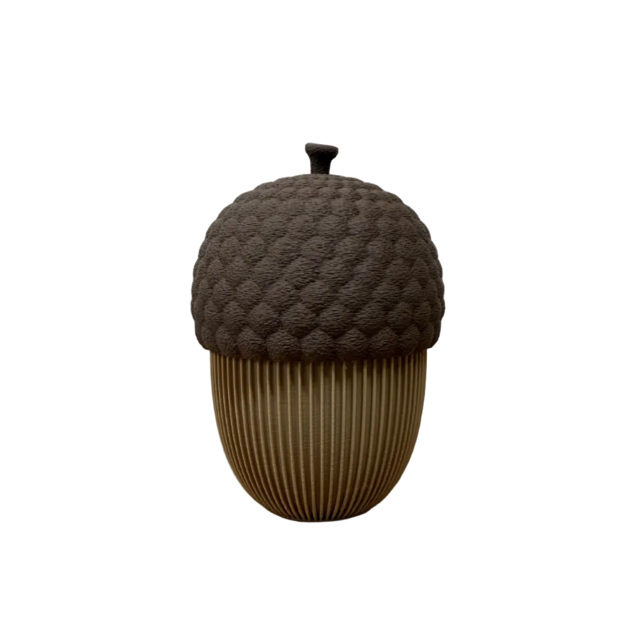 Set van twee 3D-geprinte decoratieve eikelpotjes met deksel in bruin en beige, in groot en klein formaat.