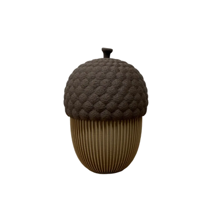 Set van twee 3D-geprinte decoratieve eikelpotjes met deksel in bruin en beige, in groot en klein formaat.