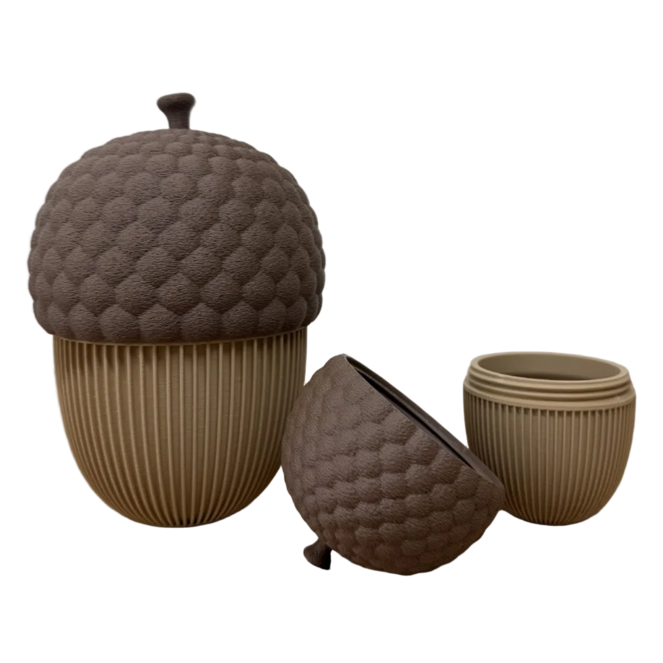 Set van twee 3D-geprinte decoratieve eikelpotjes met deksel in bruin en beige, in groot en klein formaat.