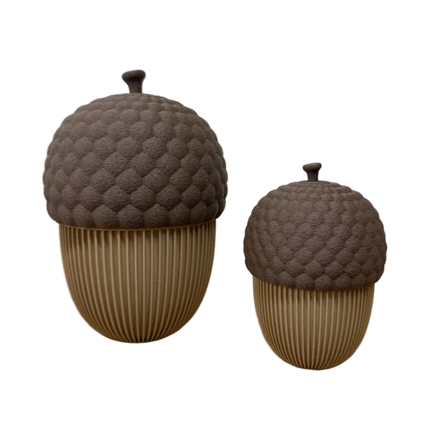 Set van twee 3D-geprinte decoratieve eikelpotjes met deksel in bruin en beige, in groot en klein formaat.