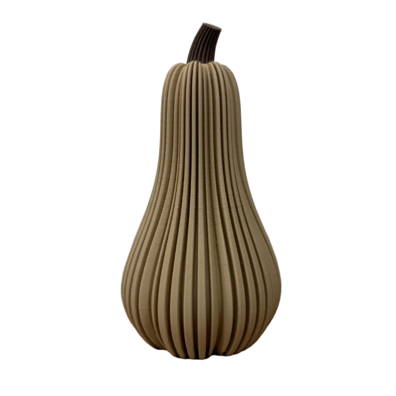 3D-geprinte decoratieve flespompoen in latte met geribbelde structuur.