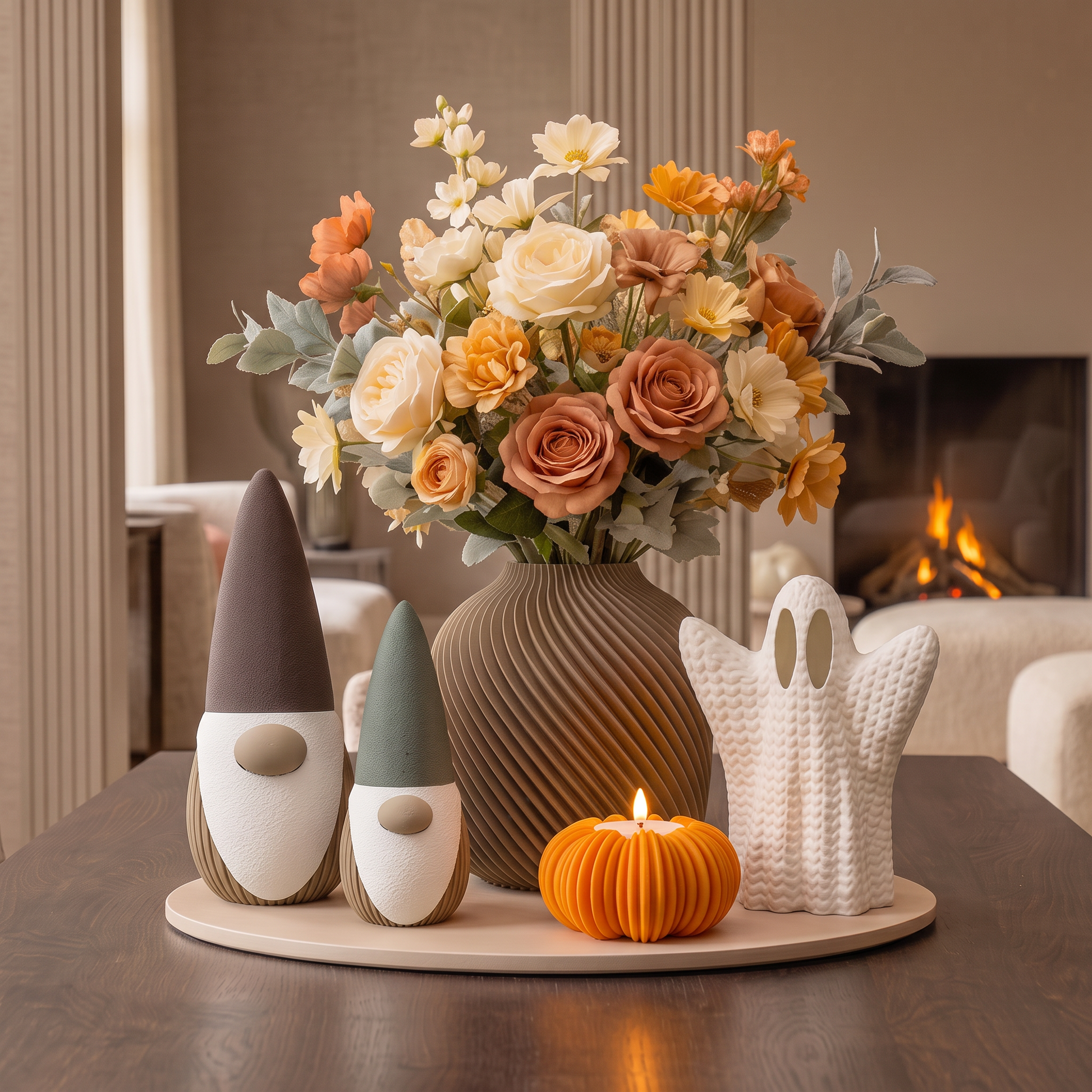 3D-geprinte herfstdecoratie met gnomes, wit spook, ribbelvaas en pompoen waxinelichtje op een beige dienblad