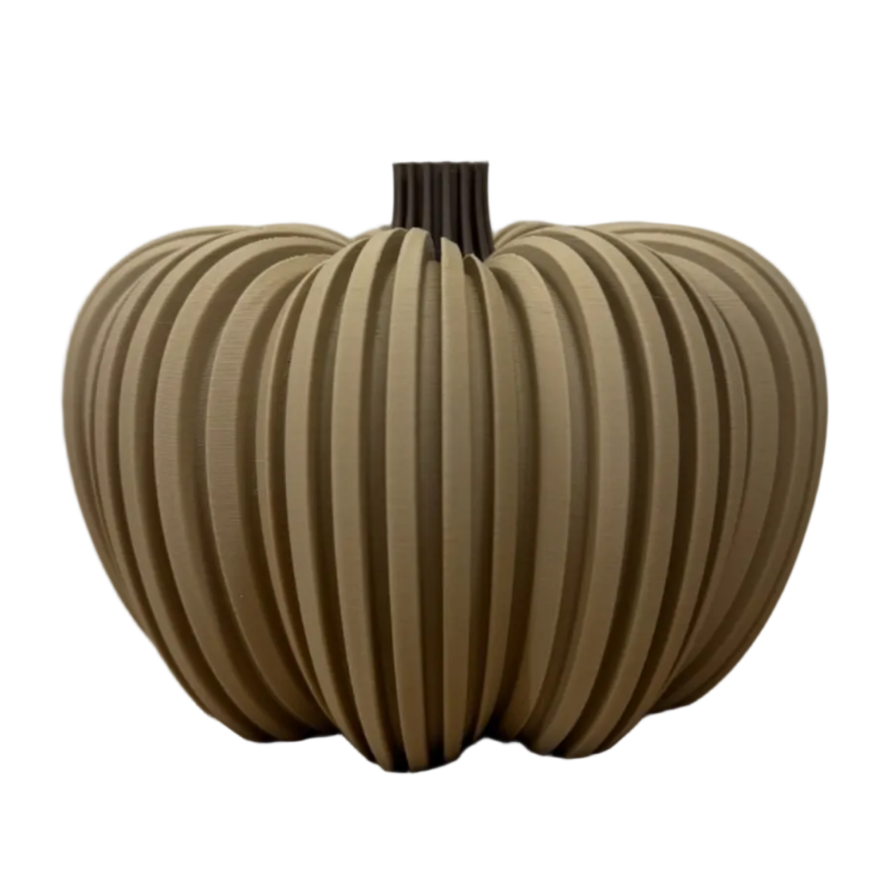3D-geprinte decoratieve pompoen in latte met geribbelde structuur.