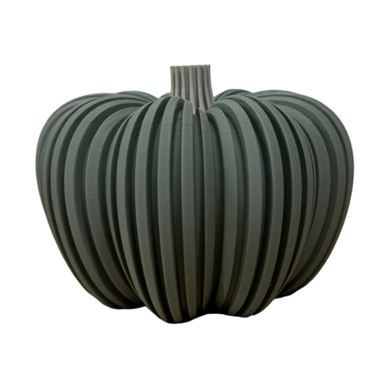 3D-geprinte decoratieve pompoen in muted green met geribbelde structuur.