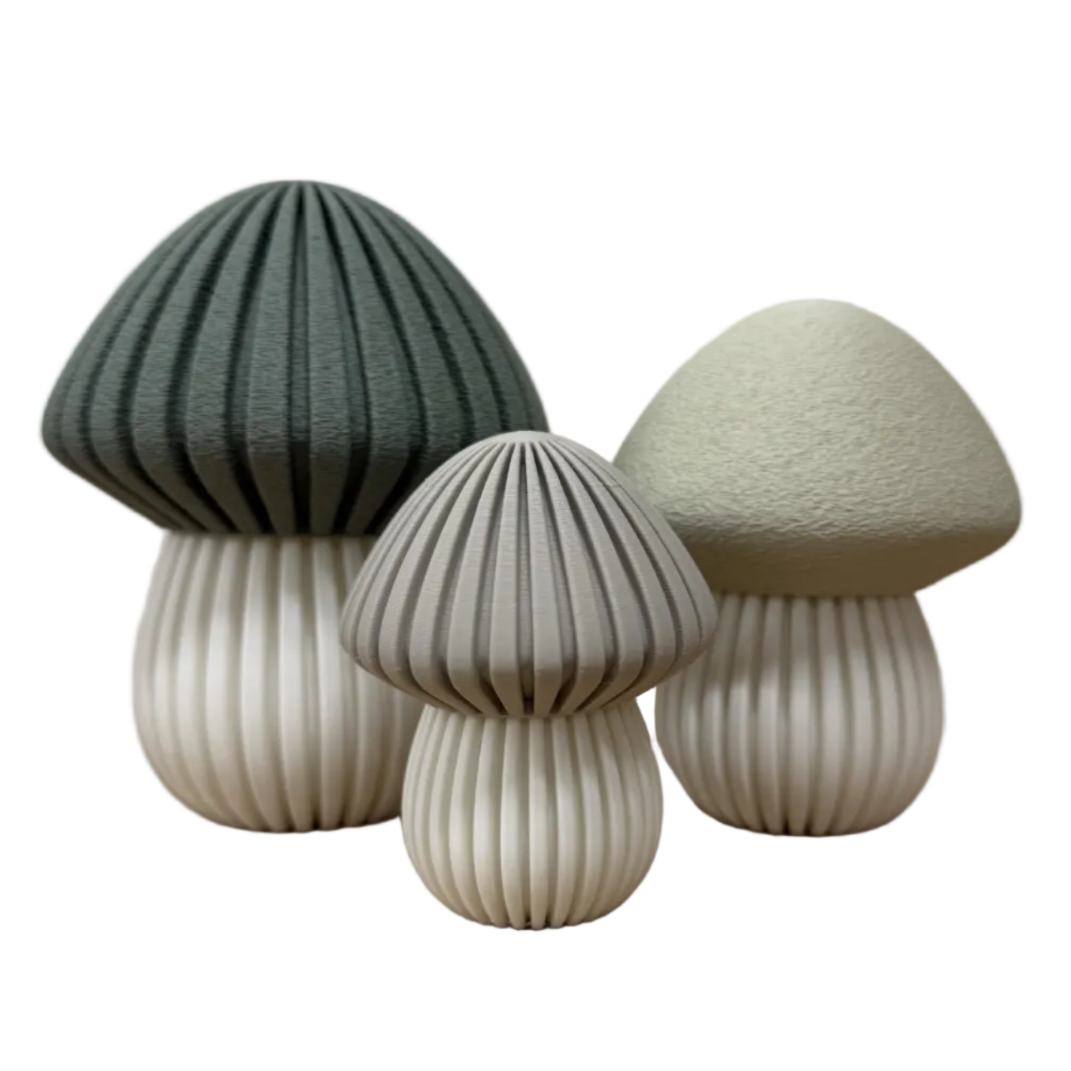 3d geprinte decoratieve paddenstoelen met organische vorm en verfijnde ribbelstructuur, verkrijgbaar in verschillende formaten voor sfeervolle woondecoratie.