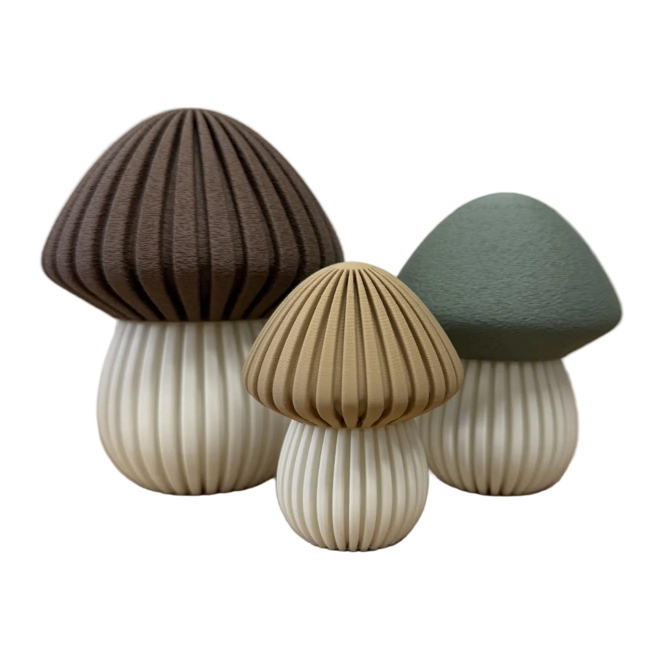 3d geprinte decoratieve paddenstoelen met organische vorm en verfijnde ribbelstructuur, verkrijgbaar in verschillende formaten voor sfeervolle woondecoratie.