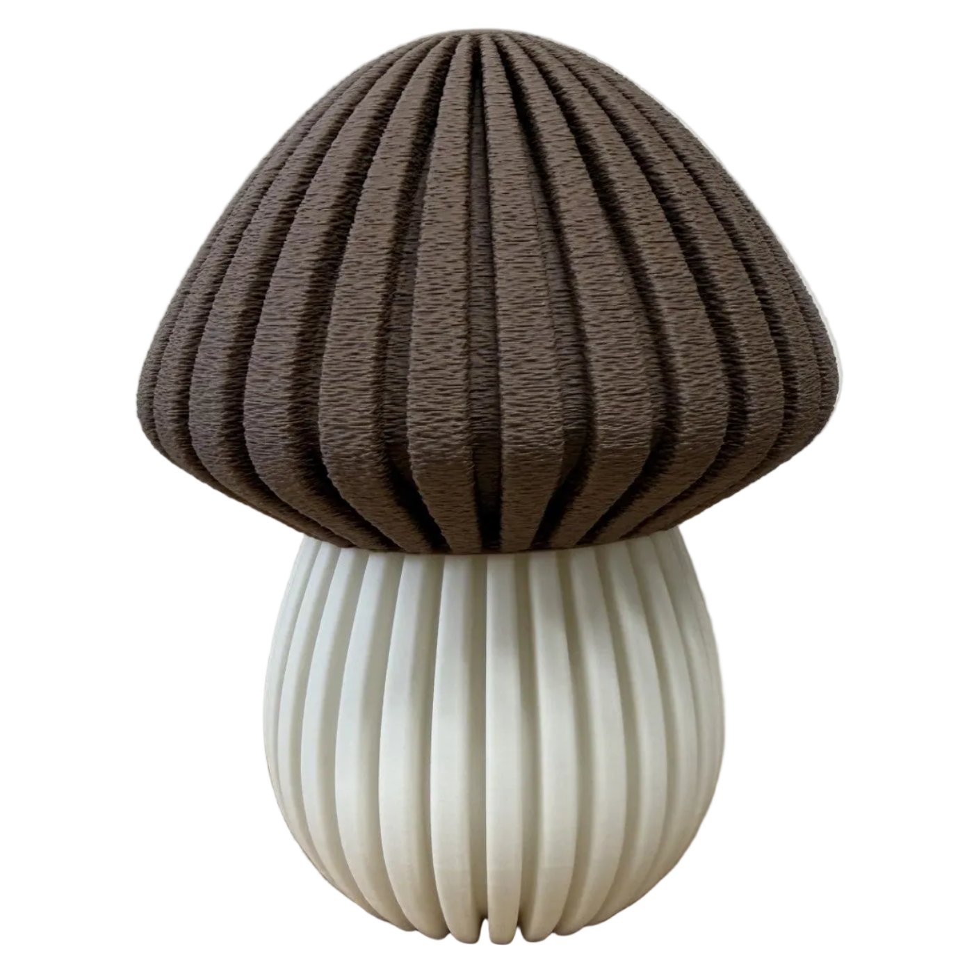 3d geprinte decoratieve paddenstoelen met organische vorm en verfijnde ribbelstructuur.
