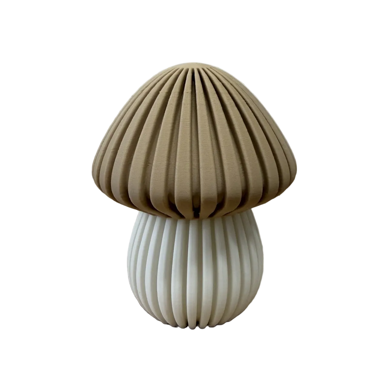 3d geprinte decoratieve paddenstoelen met organische vorm en verfijnde ribbelstructuur.