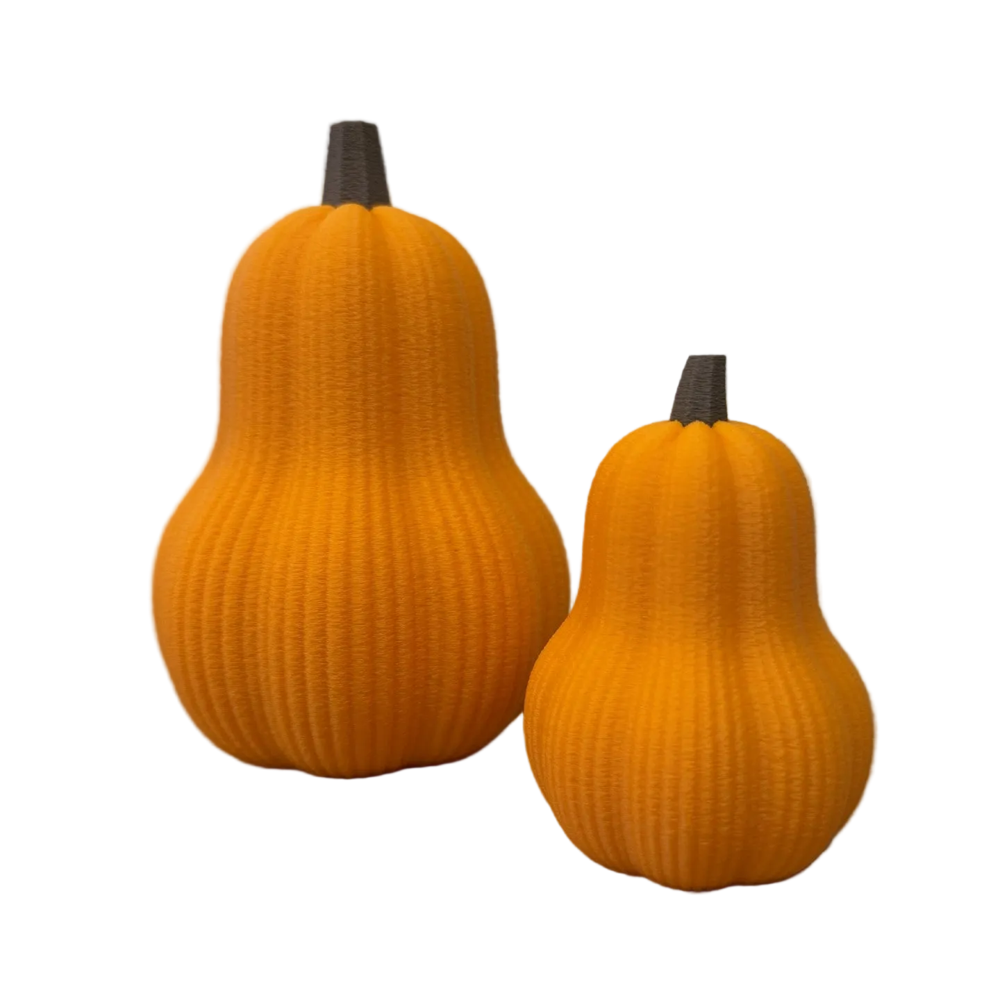 3D-geprinte fuzzy pompoenen met zachte reliëfstructuur, verkrijgbaar in ronde en flesvormige modellen voor herfst- en Halloweendecoratie.