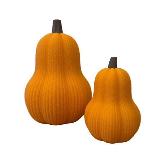 3D-geprinte fuzzy pompoenen met zachte reliëfstructuur, verkrijgbaar in ronde en flesvormige modellen voor herfst- en Halloweendecoratie.