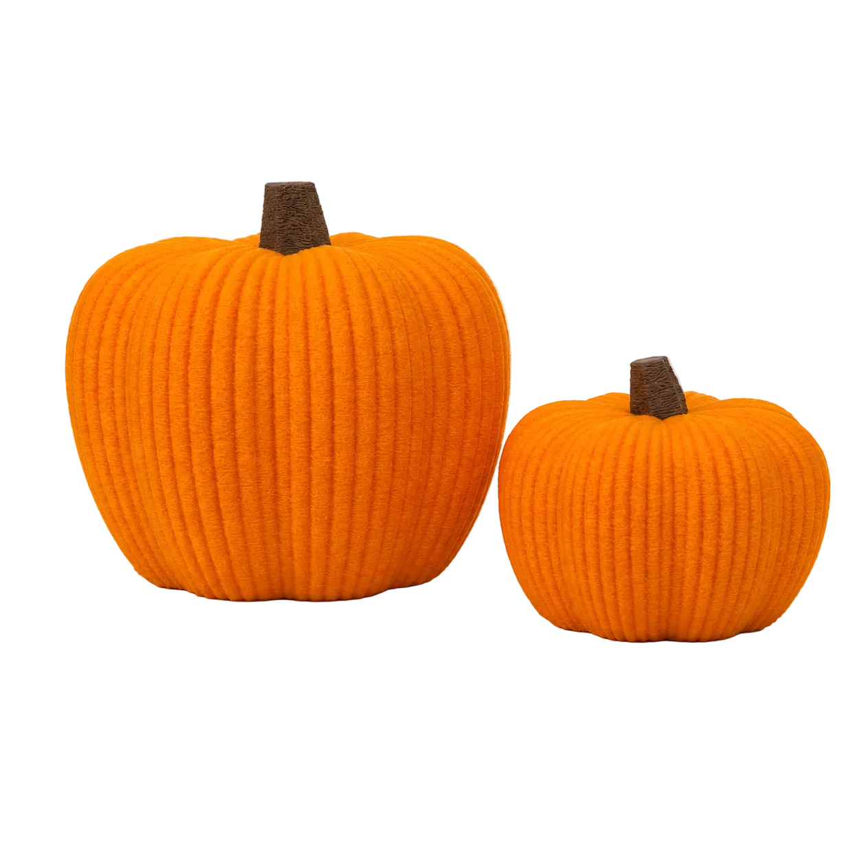 3D-geprinte fuzzy pompoenen met zachte reliëfstructuur, verkrijgbaar in ronde en flesvormige modellen voor herfst- en Halloweendecoratie.