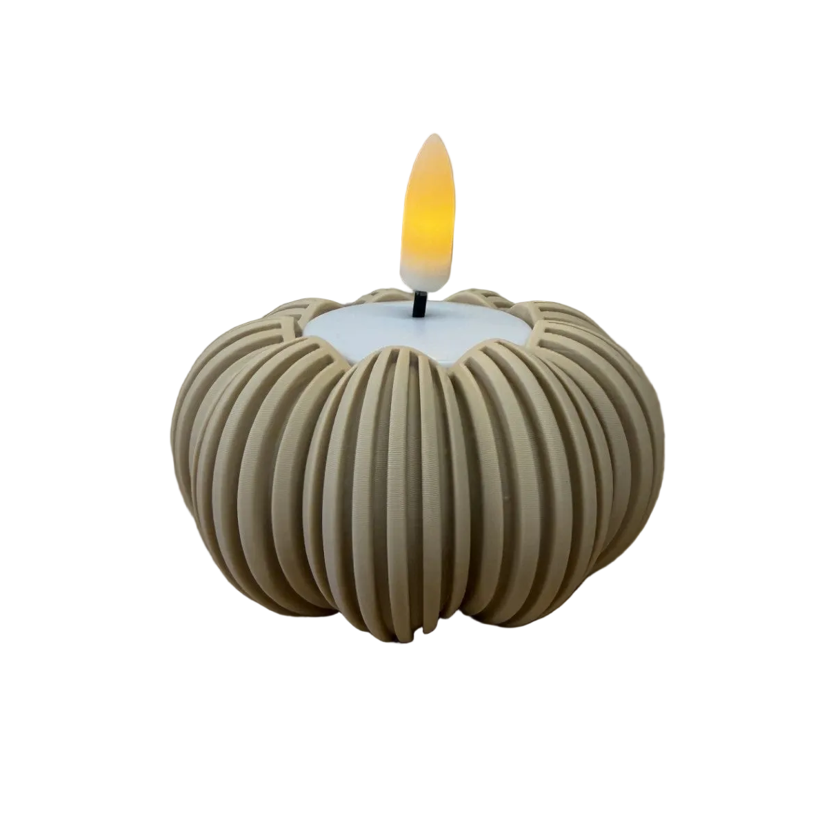 3d geprinte decoratieve waxinelichthouder in pompoenvorm met ribbelstructuur en LED-waxinelichtje, voor sfeervolle herfstdecoratie.