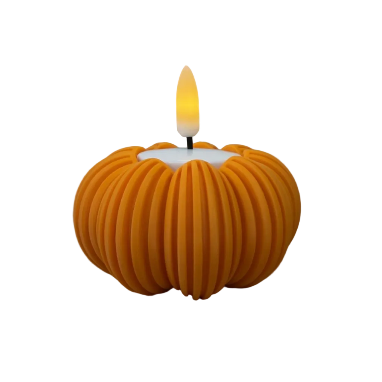 3d geprinte decoratieve waxinelichthouder in pompoenvorm met ribbelstructuur en LED-waxinelichtje, voor sfeervolle herfstdecoratie.
