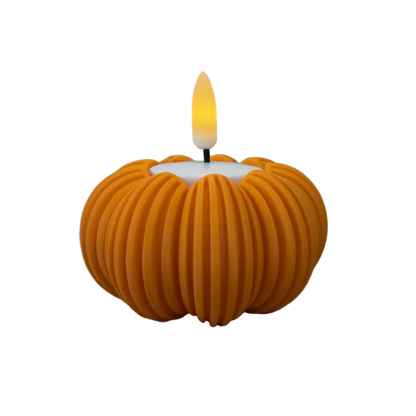 3d geprinte decoratieve waxinelichthouder in pompoenvorm met ribbelstructuur en LED-waxinelichtje, voor sfeervolle herfstdecoratie.