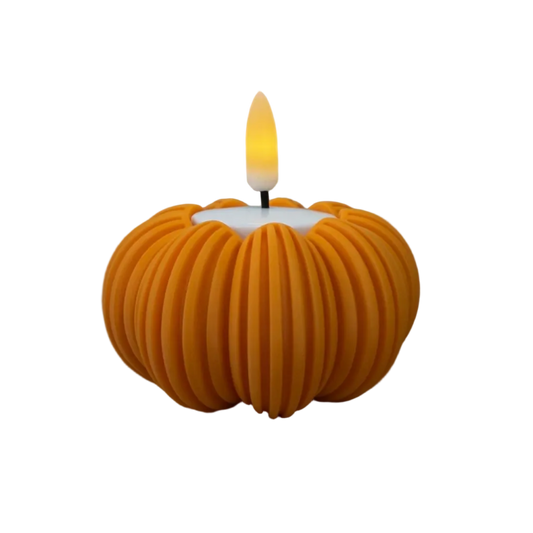 3d geprinte decoratieve waxinelichthouder in pompoenvorm met ribbelstructuur en LED-waxinelichtje, voor sfeervolle herfstdecoratie.