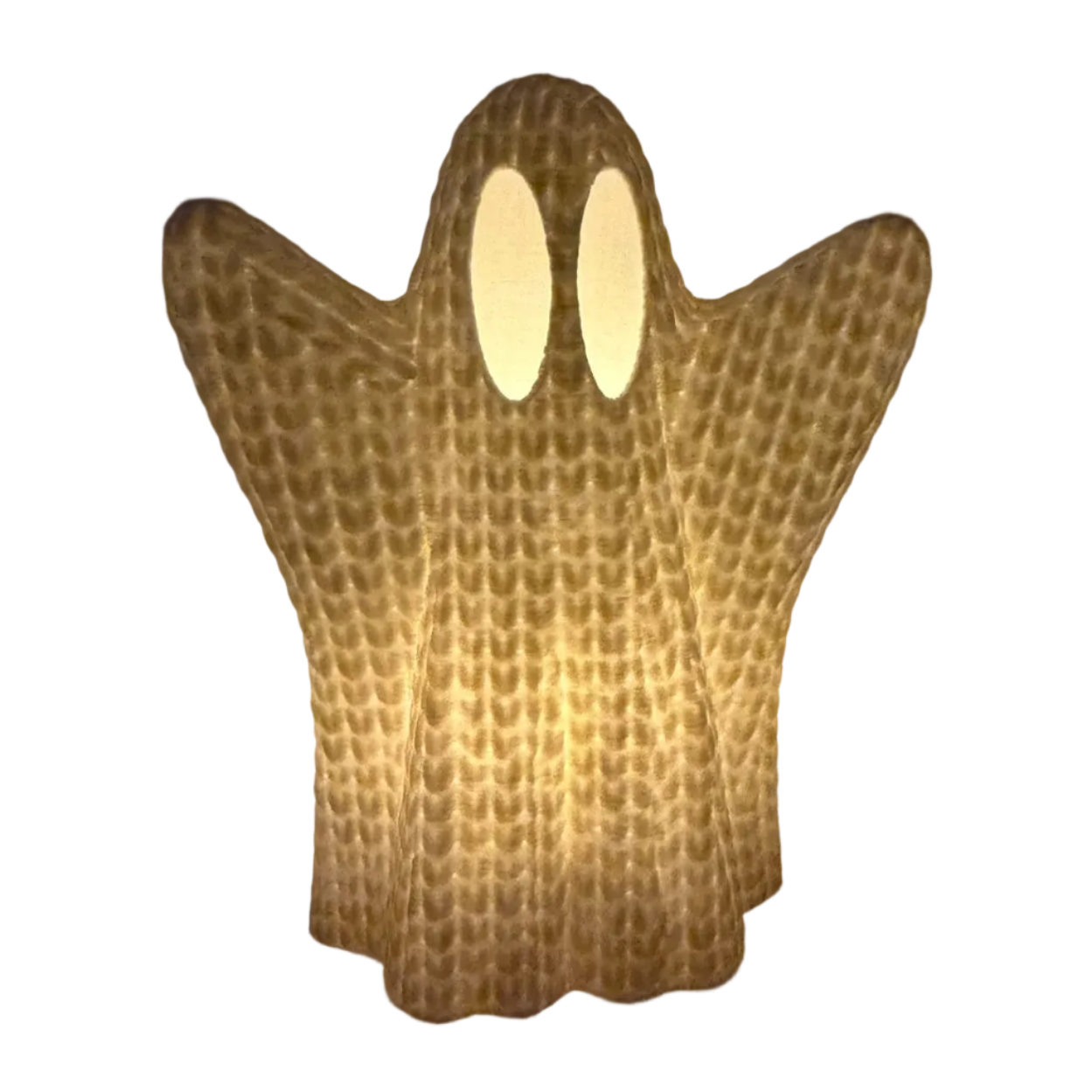 3D-geprint spook met gebreide structuur, te combineren met een LED-waxinelichtje voor sfeervolle Halloweendecoratie.