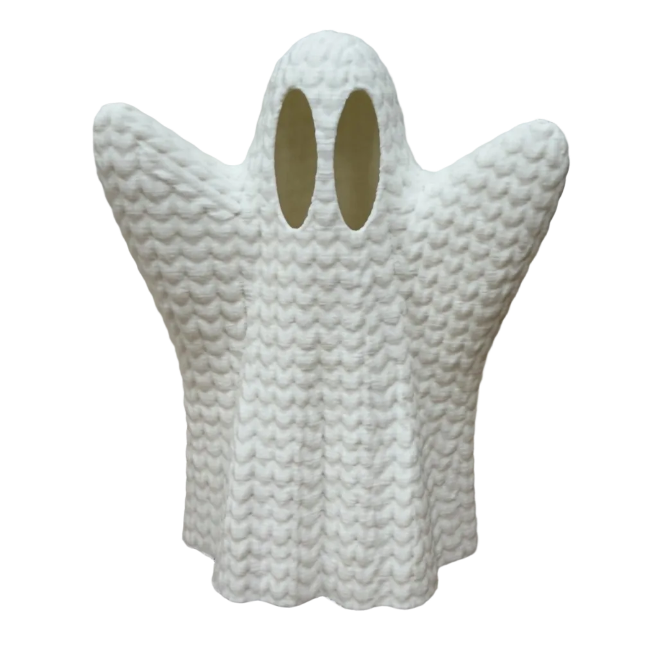 3D-geprint spook met gebreide structuur, te combineren met een LED-waxinelichtje voor sfeervolle Halloweendecoratie.