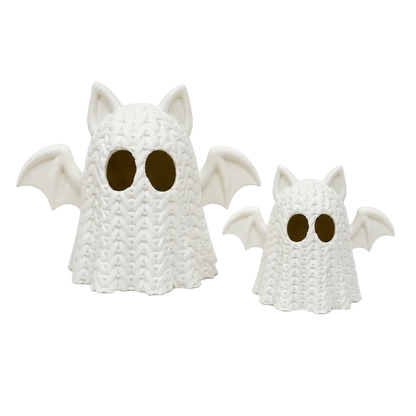 3D-geprint vleermuisspook met vleugels en gebreide structuur, te combineren met een LED-waxinelichtje voor sfeervolle Halloweendecoratie.