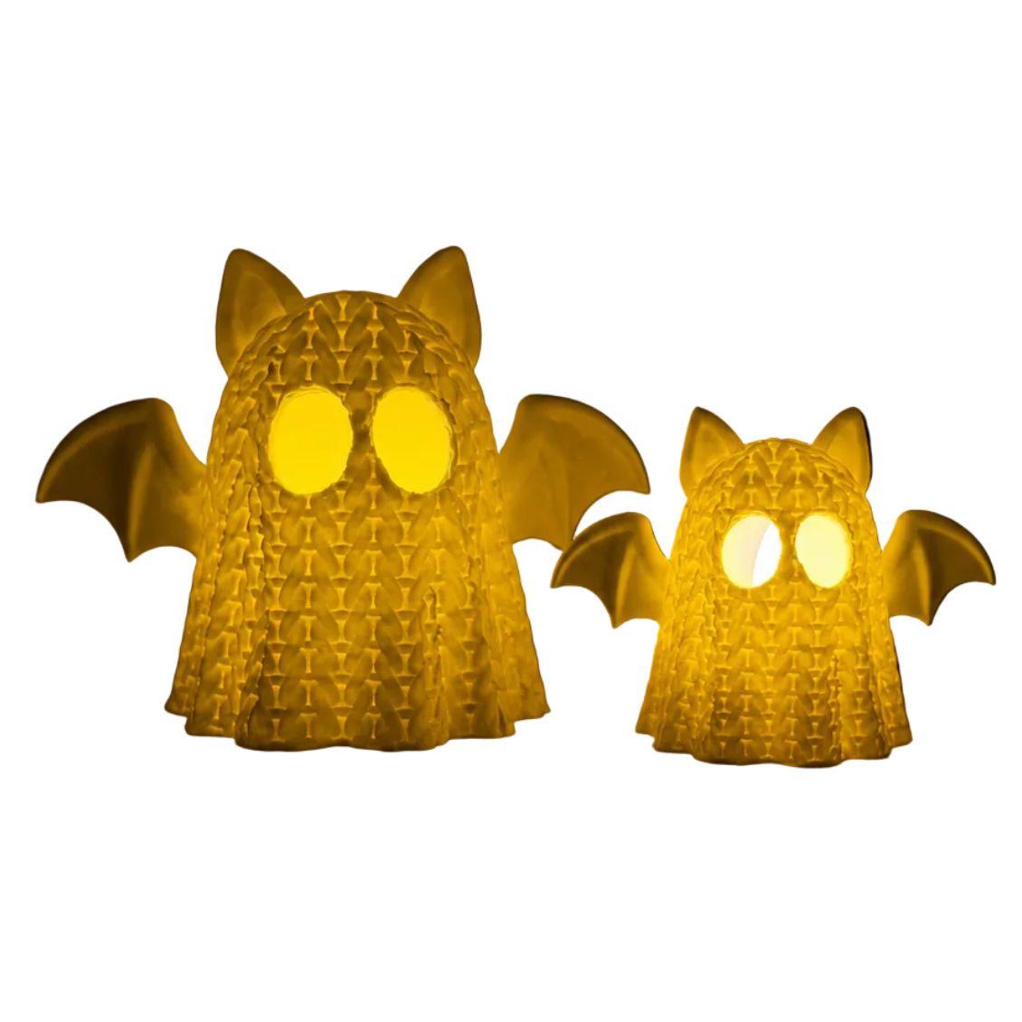 3D-geprint vleermuisspook met vleugels en gebreide structuur, te combineren met een LED-waxinelichtje voor sfeervolle Halloweendecoratie.
