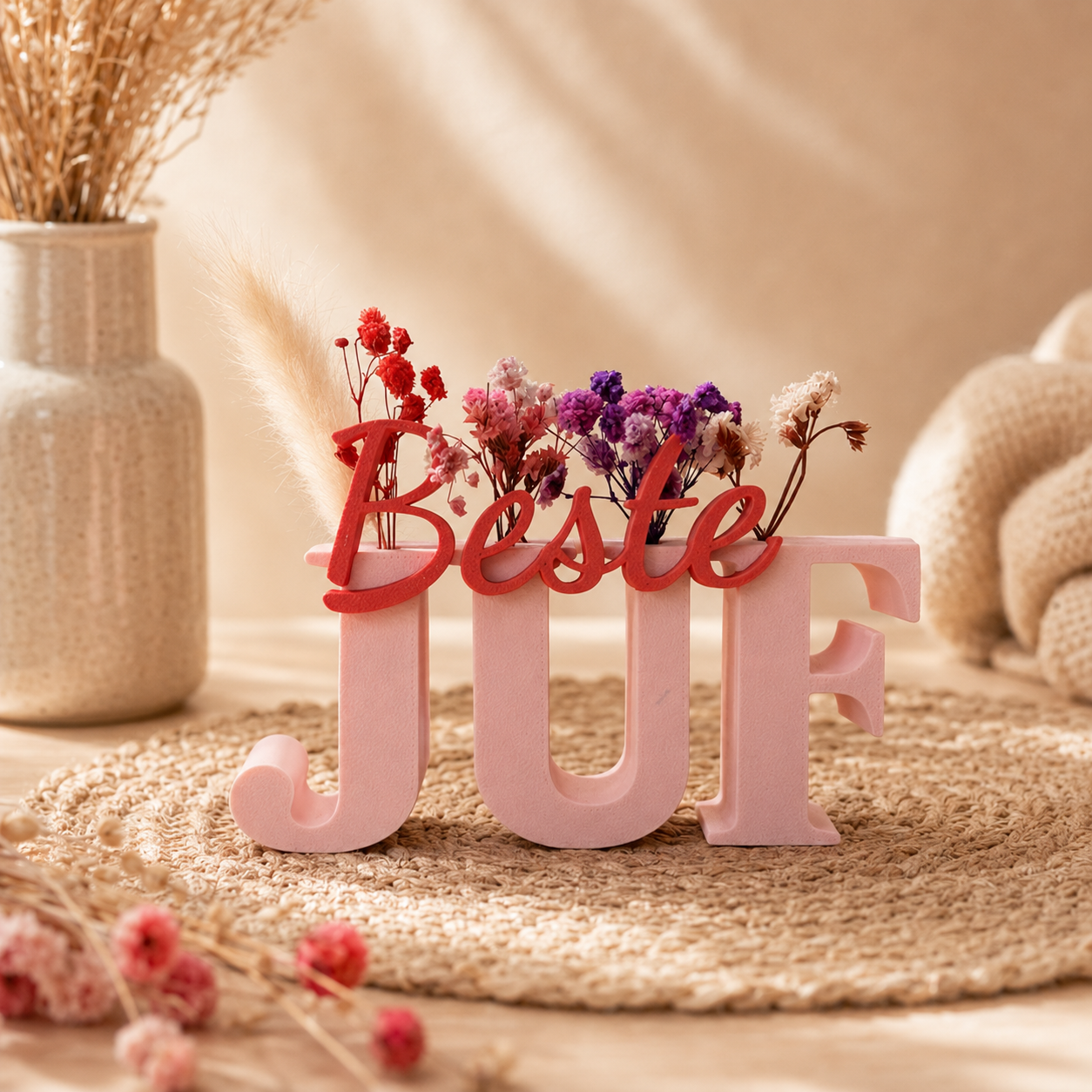 Beste of Liefste Juf Ooit Beeldje – Met Droogbloemen | Cadeau Einde Schooljaar