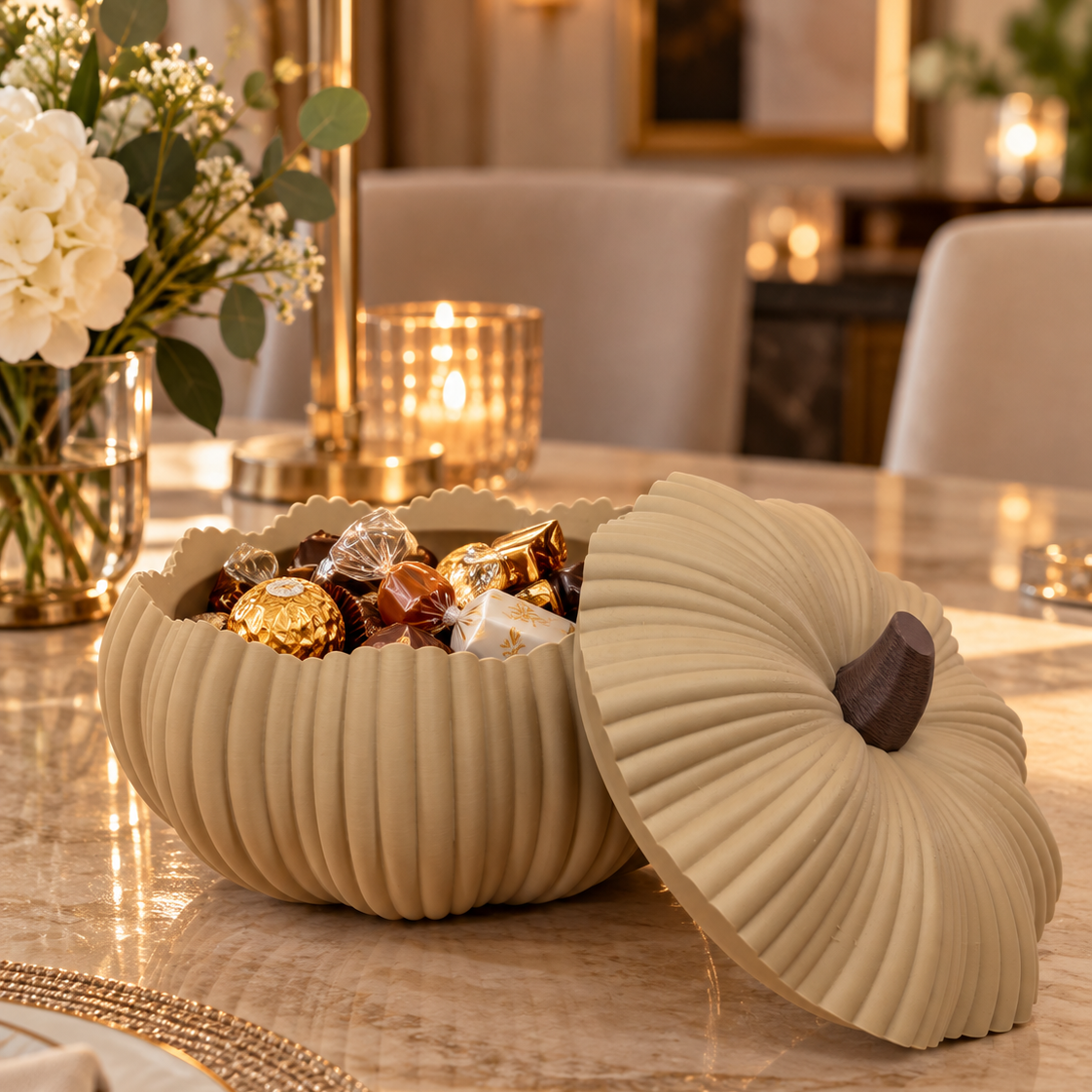Decoratieve pompoenpot met deksel in beige, gevuld met ingepakte snoepjes op een hotel chique eettafel.
