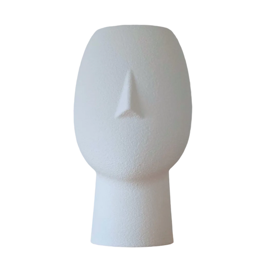 Elvienne 3D geprinte decoratieve vaas met abstract gezichtsdesign, subtiele neusvorm en matte structuur, geschikt voor droogbloemen of als sculpturale woondecoratie.