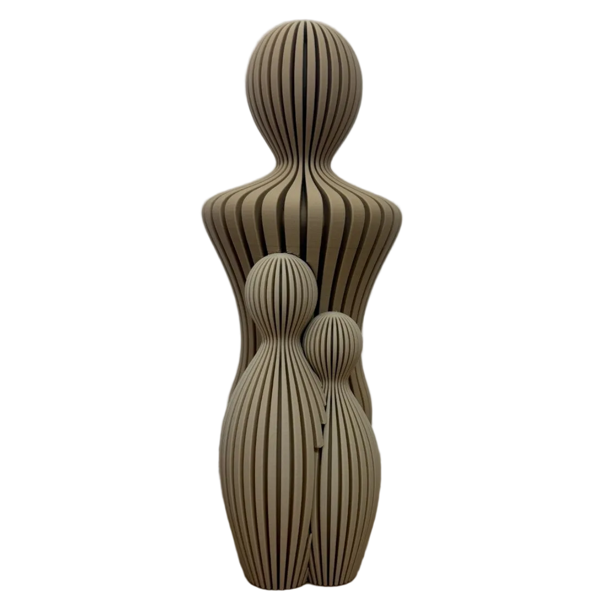 Decoratief gezinsbeeldje vader en twee kinderen beeldje met twee abstracte figuren in warme bruintinten.