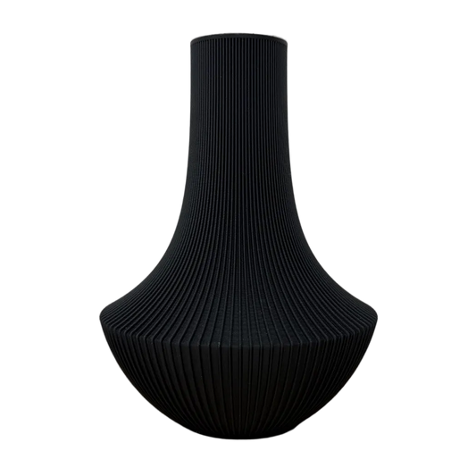 Lorenne 3D geprinte decoratieve vaas met slanke hals, ronde basis en fijne verticale ribbelstructuur, geschikt voor bloemen, droogbloemen of als woondecoratie.