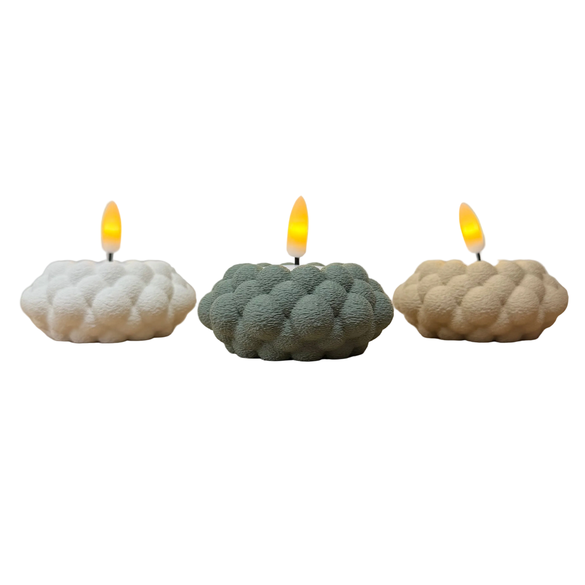Set_van_drie_fuzzy_LED-waxinelichthouders_in_wit_groen_en_beige op een transparante achtergrond