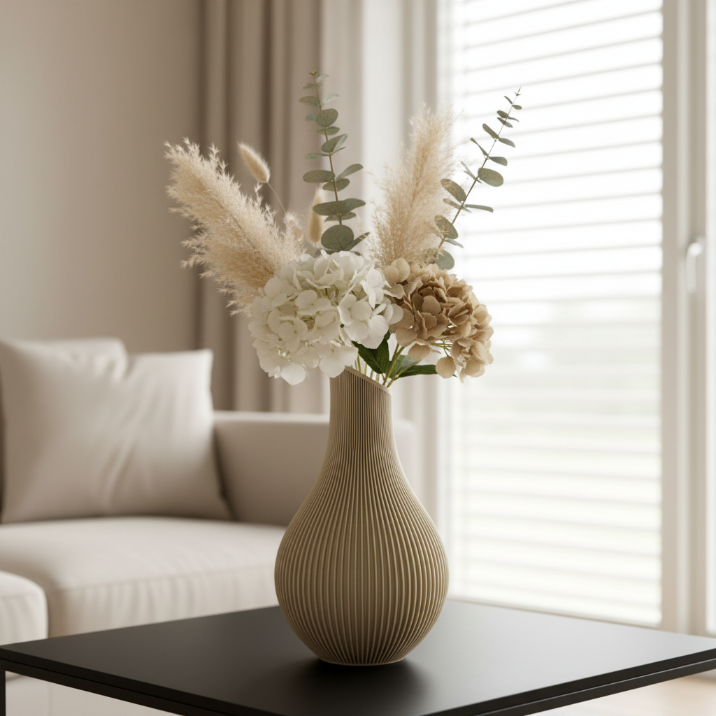 Aurelle 3D geprinte decoratieve vaas met organische druppelvorm, schuin afgesneden hals en fijne verticale ribbelstructuur voor bloemen, droogbloemen of woondecoratie.
