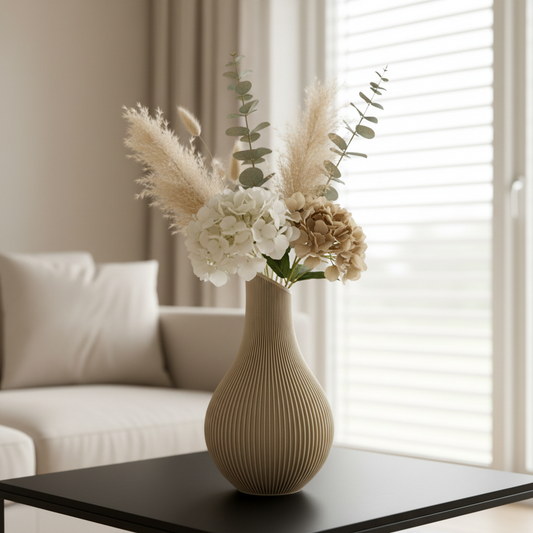 Aurelle 3D geprinte decoratieve vaas met organische druppelvorm, schuin afgesneden hals en fijne verticale ribbelstructuur voor bloemen, droogbloemen of woondecoratie.