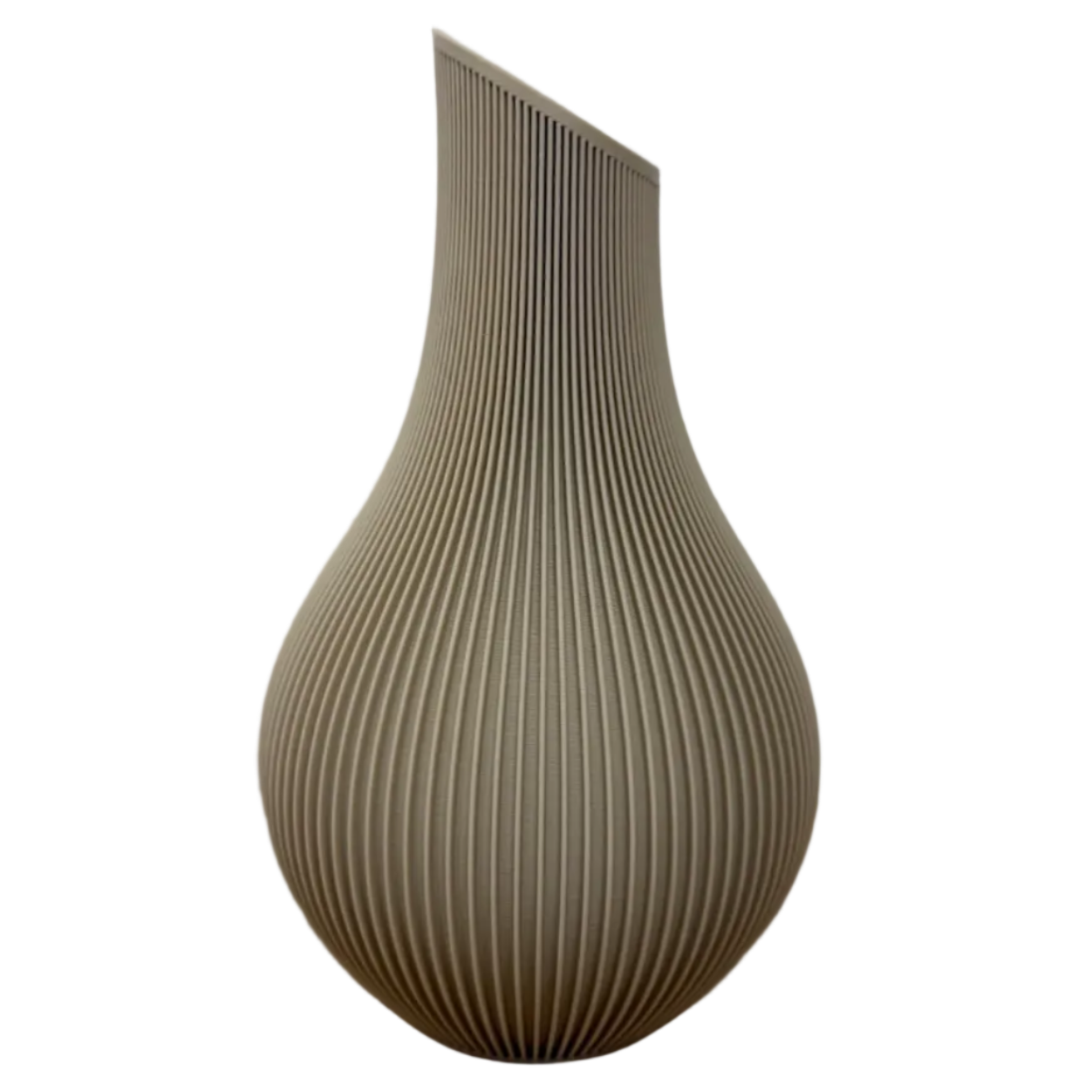 Aurelle decoratieve vaas met organische druppelvorm, schuin afgesneden hals en fijne verticale ribbelstructuur voor bloemen, droogbloemen of woondecoratie.