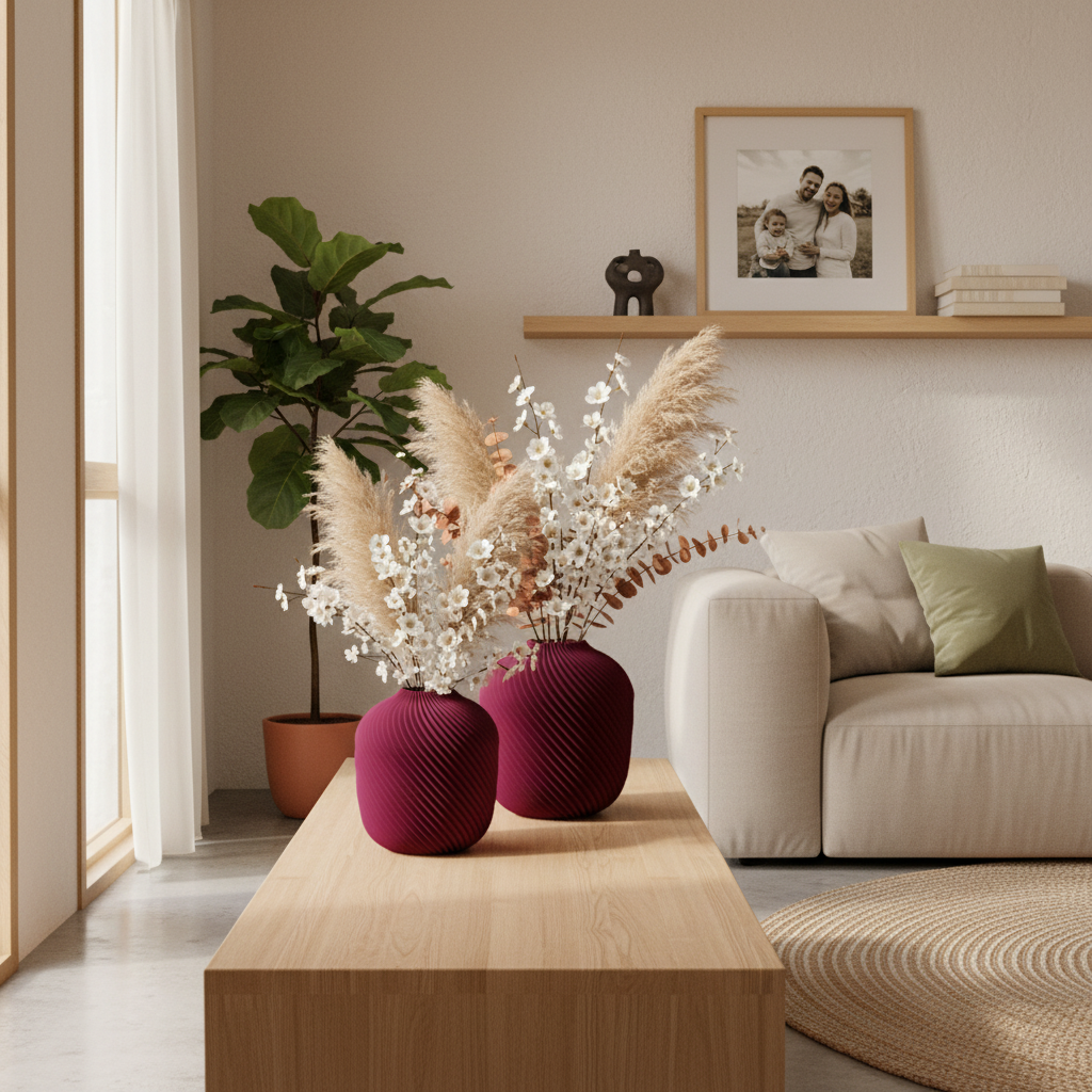 Aveline 3D geprinte decoratieve set van twee vazen met afgeronde vorm en gedraaide ribbelstructuur, geschikt voor bloemen, droogbloemen of als stijlvolle woondecoratie.