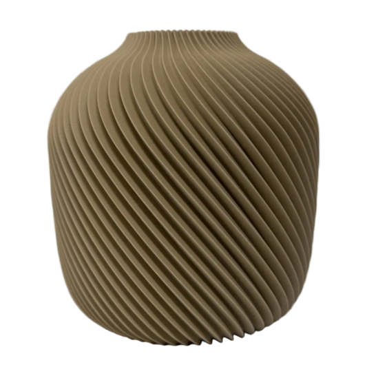 Aveline 3D geprinte decoratieve vaas met afgeronde vorm en gedraaide ribbelstructuur, geschikt voor bloemen, droogbloemen of als stijlvolle woondecoratie.