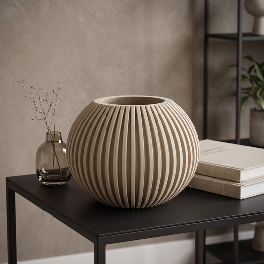 Decoratieve ribbelschaal als stijlvolle woondecoratie op een sidetable