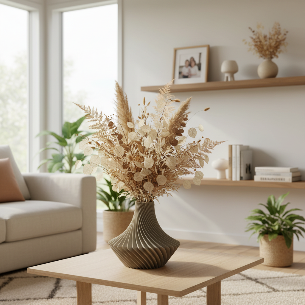 Elvane decoratieve vaas met een slanke hals en gedraaide ribbelstructuur, geschikt voor bloemen, droogbloemen of als woondecoratie.