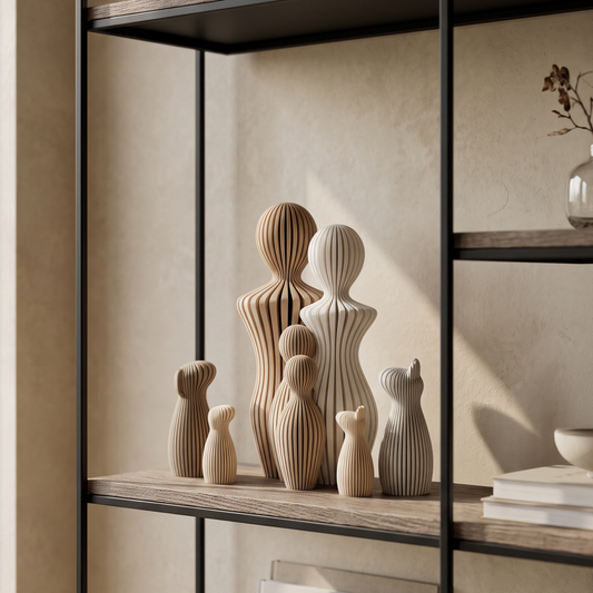 Decoratieve gezinsbeeldjes vader moeder met twee kinderen en vier hondenbeeldjes op een hout/ industrieel wandrek in een warm beige interieur.