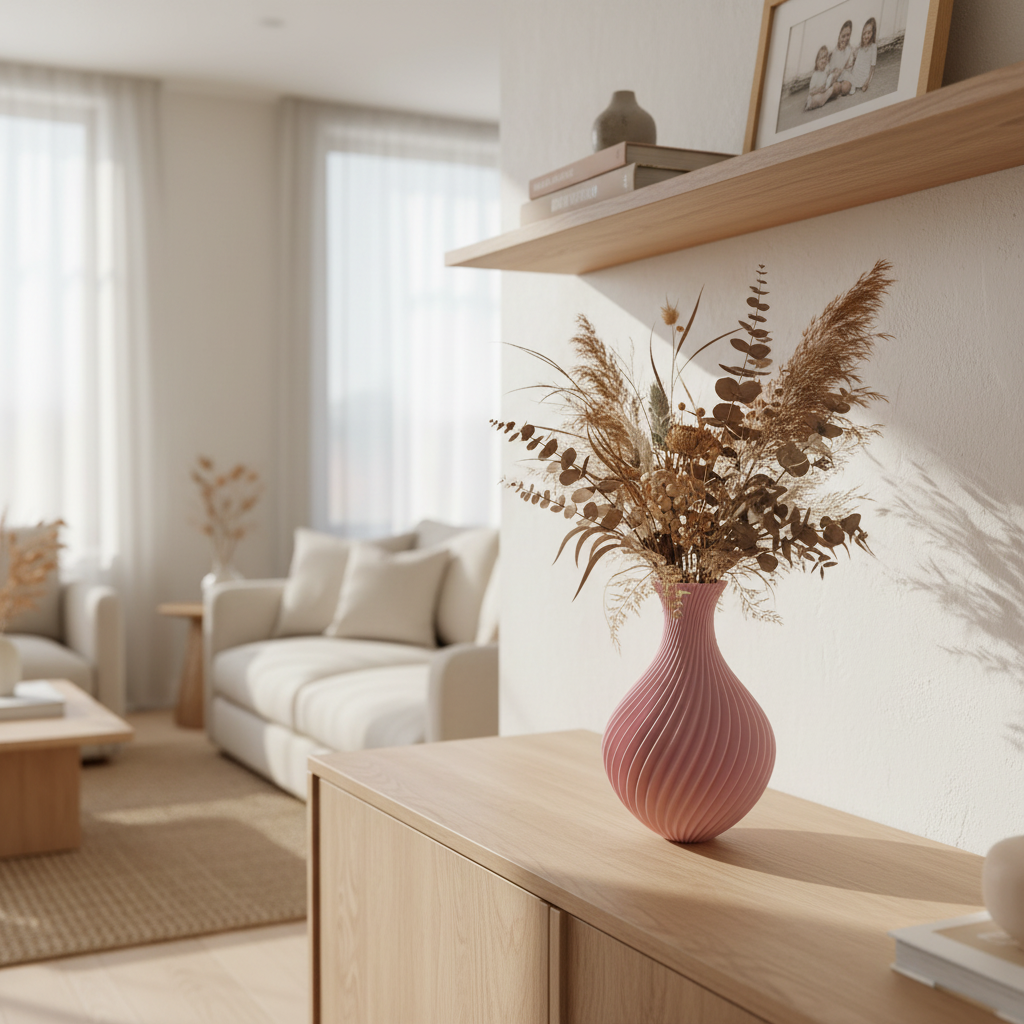 Iselle 3D geprinte decoratieve vaas met golvende ribbelstructuur, geschikt voor bloemen, droogbloemen of als stijlvolle woondecoratie.