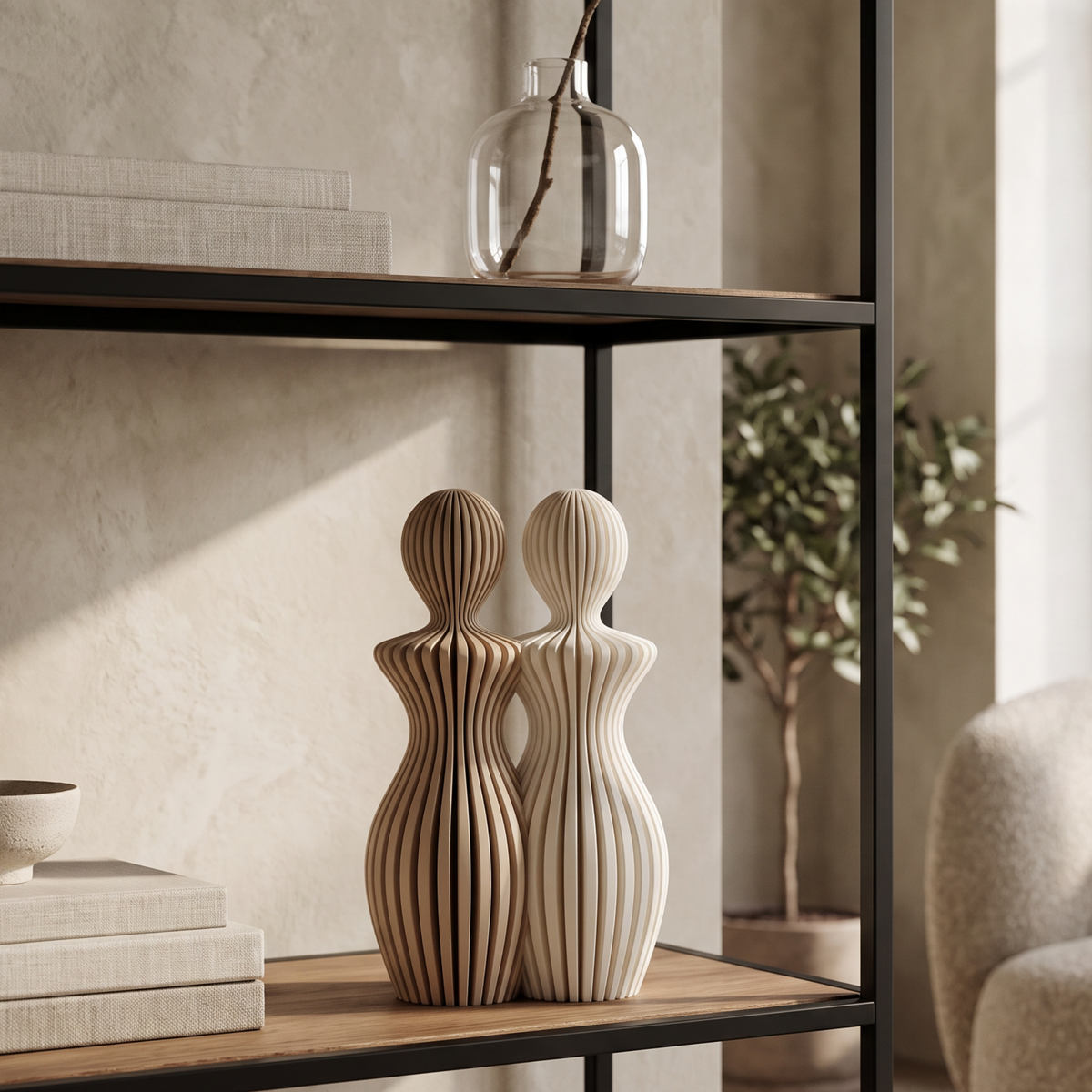 Decoratief koppelbeeld met twee vrouwen abstract figuur in beige en crème op een houten wandrek in een warm beige interieur.