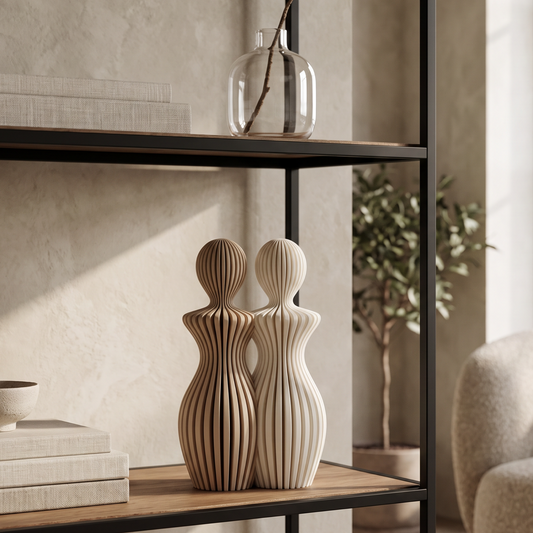 Decoratief koppelbeeld met twee vrouwen abstract figuur in beige en crème op een houten wandrek in een warm beige interieur.