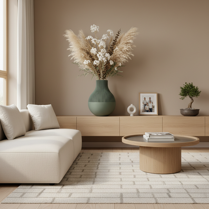 Liora Linea decoratieve vaas met geribbelde bovenzijde en een strakke horizontale afwerking, voor bloemen, droogbloemen of woondecoratie.