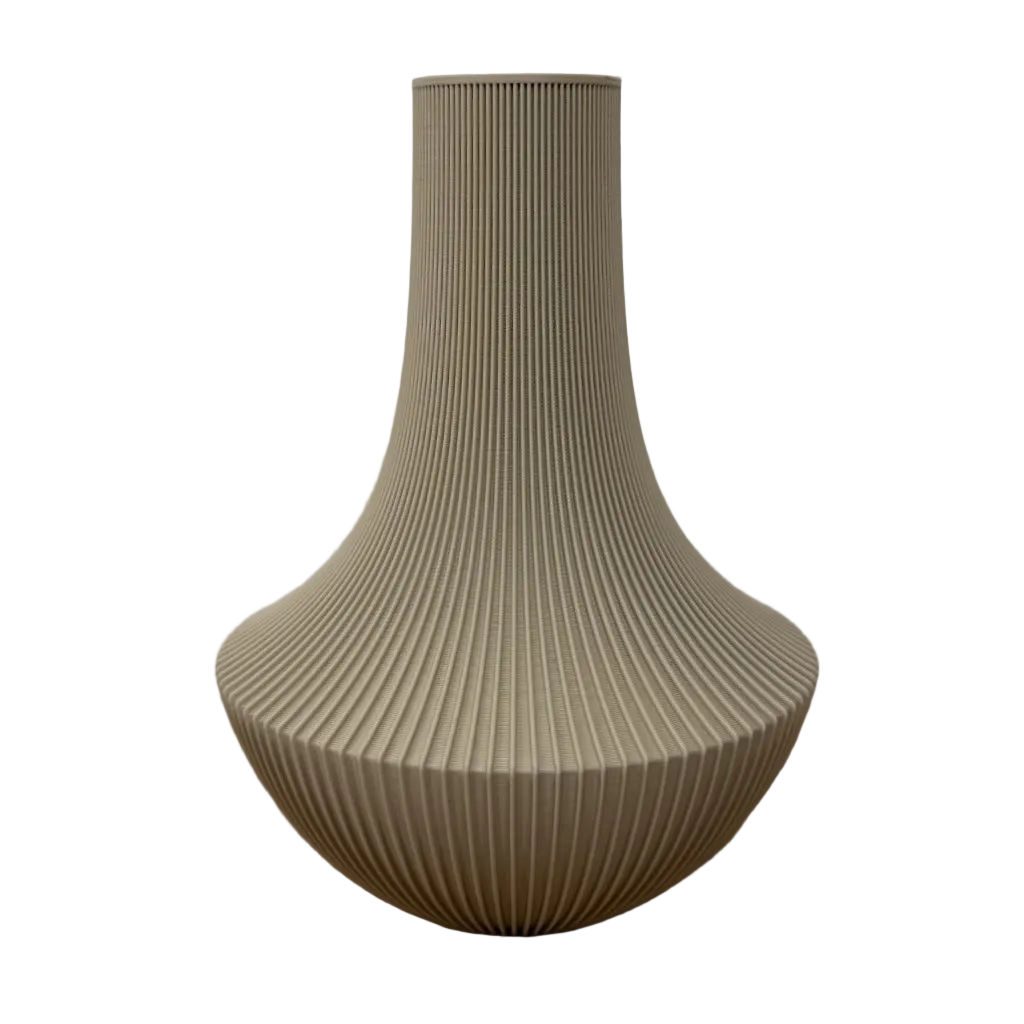 Lorenne decoratieve vaas met slanke hals, ronde basis en fijne verticale ribbelstructuur, geschikt voor bloemen, droogbloemen of als woondecoratie.